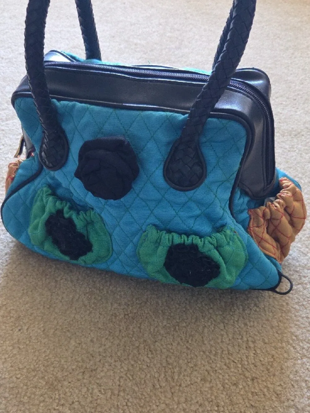 ANGELA FRASCONE Quilted Blue & Green Decorative Satchel Braided Black Handles